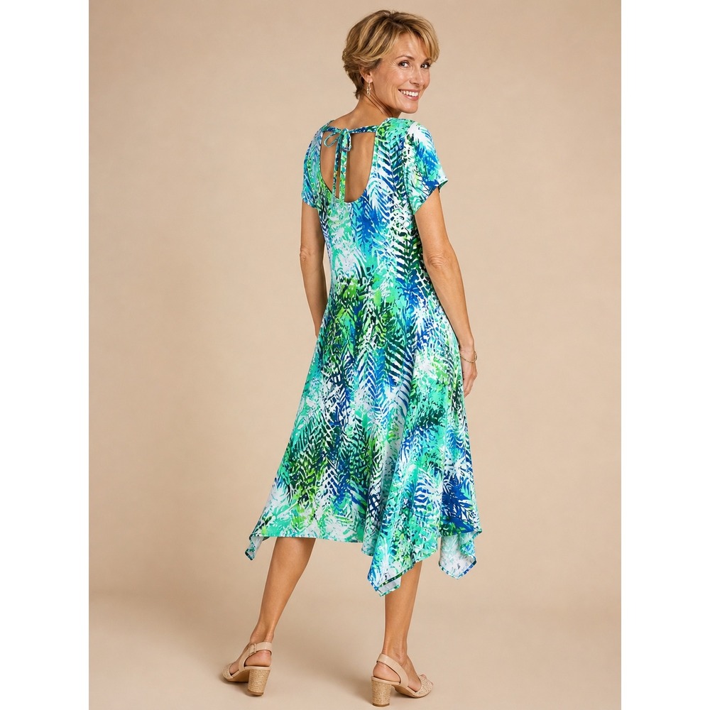 Chicos Womens Tropical Palm Sharkbite Hem Tie Back Midi Dress Green Blue Size 2